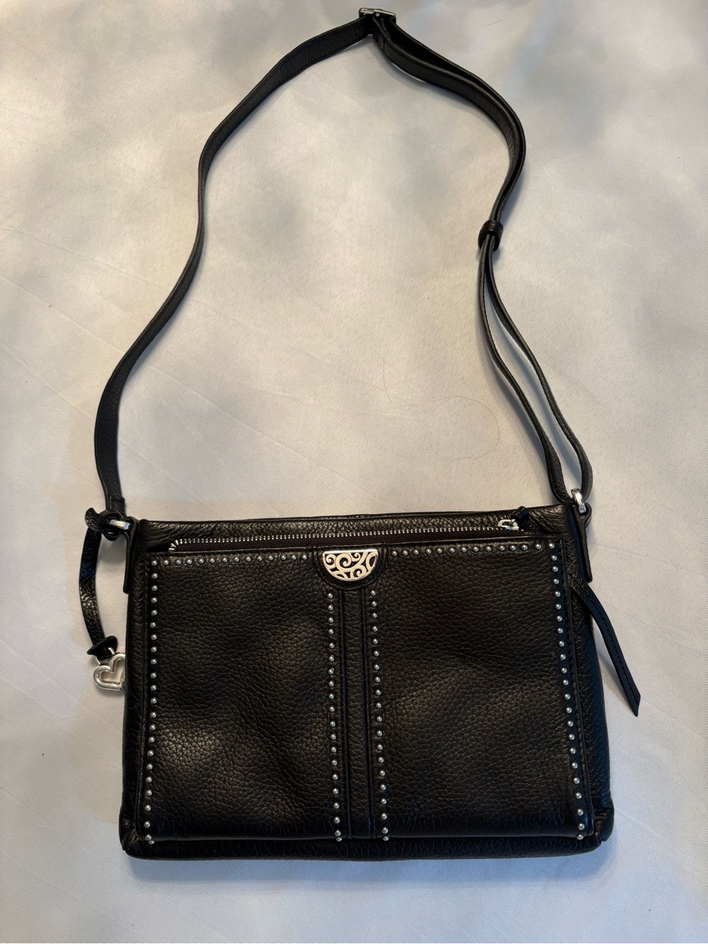 Brighton Black Studded Leather Crossbody Bag with Silver Accents